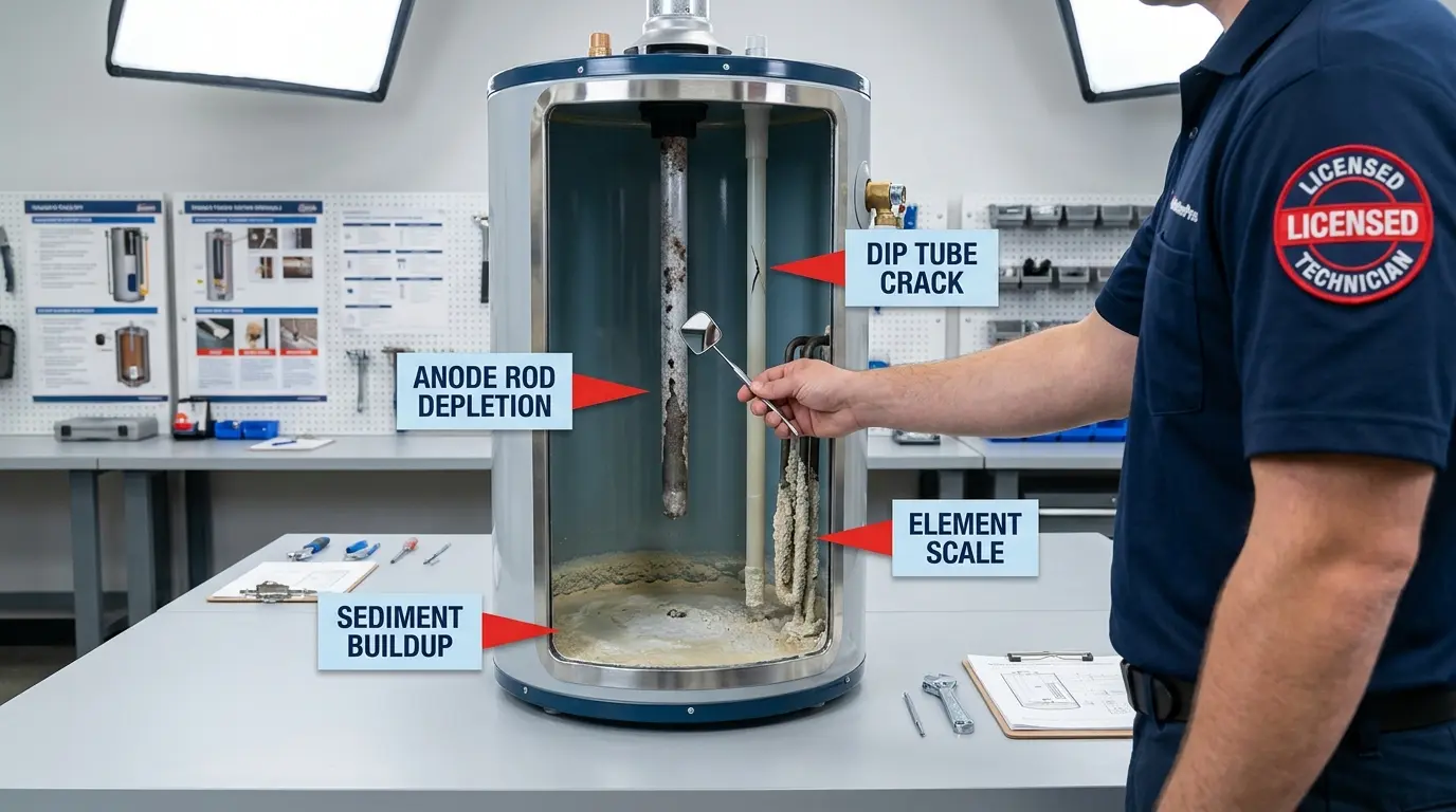 Cutaway diagram showing common water heater component failures with sediment buildup, anode rod corrosion, and heating element failure