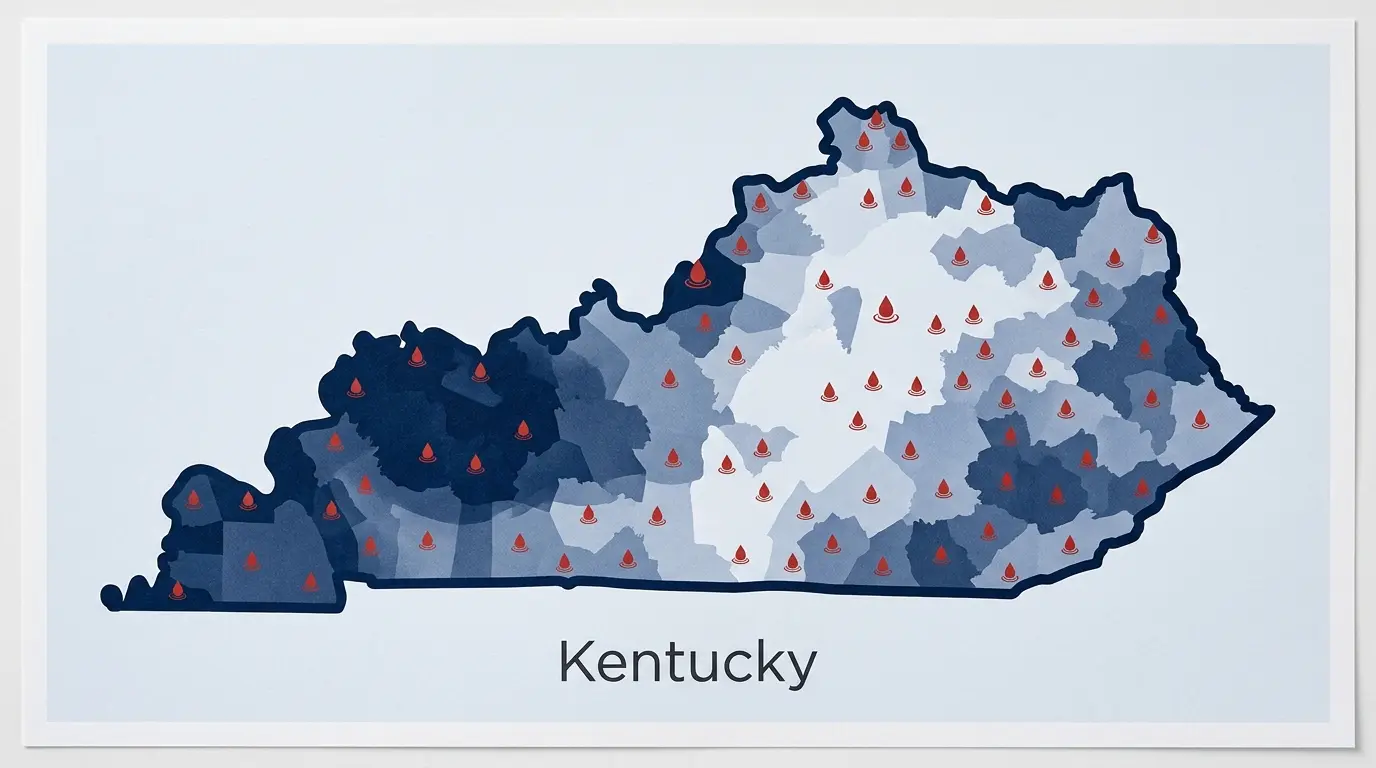 Kentucky state map showing regional water hardness variation affecting water heater performance