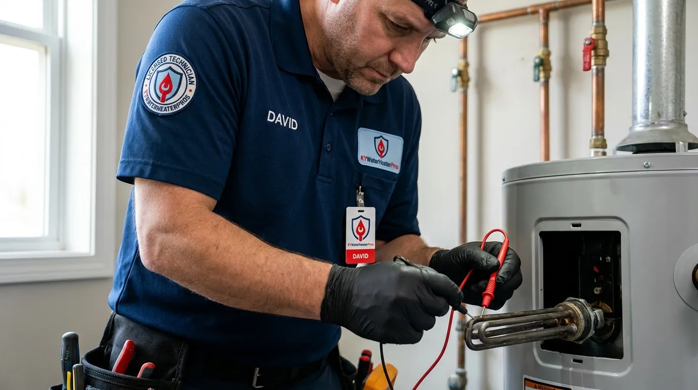 Close-up of technician diagnosing water heater component showing professional tools and expertise