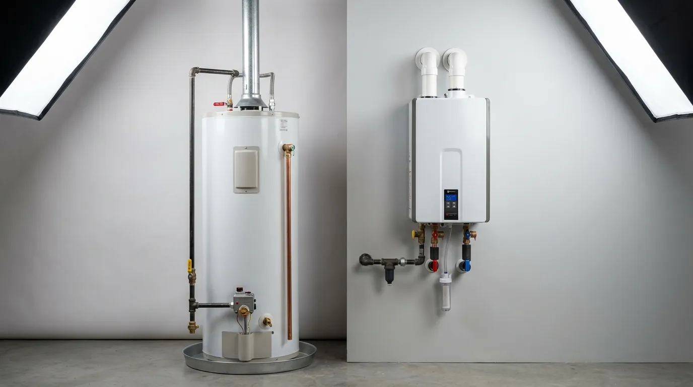 Side-by-side comparison of a standard 50-gallon tank water heater and a wall-mounted condensing tankless unit showing physical size difference and installation components