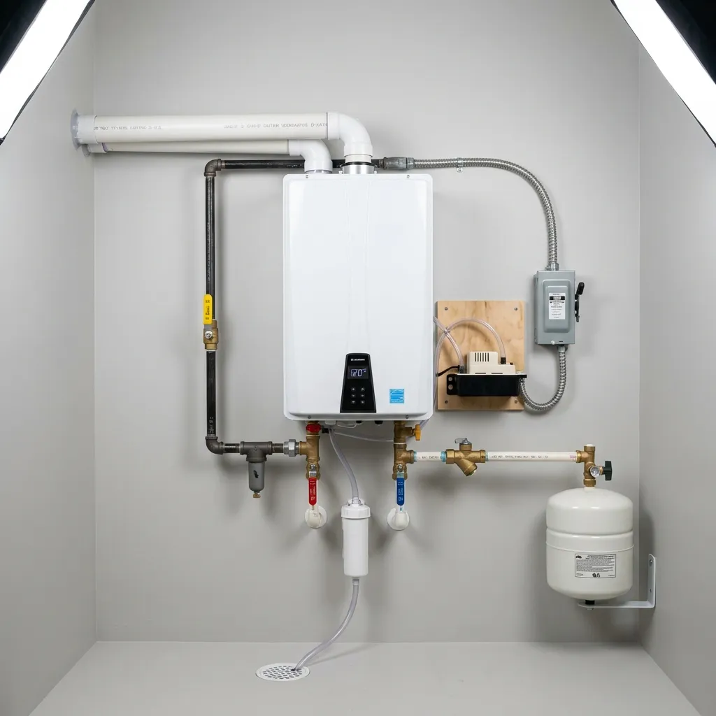 Compact wall-mounted tankless water heater installation showing space-saving design and modern technology