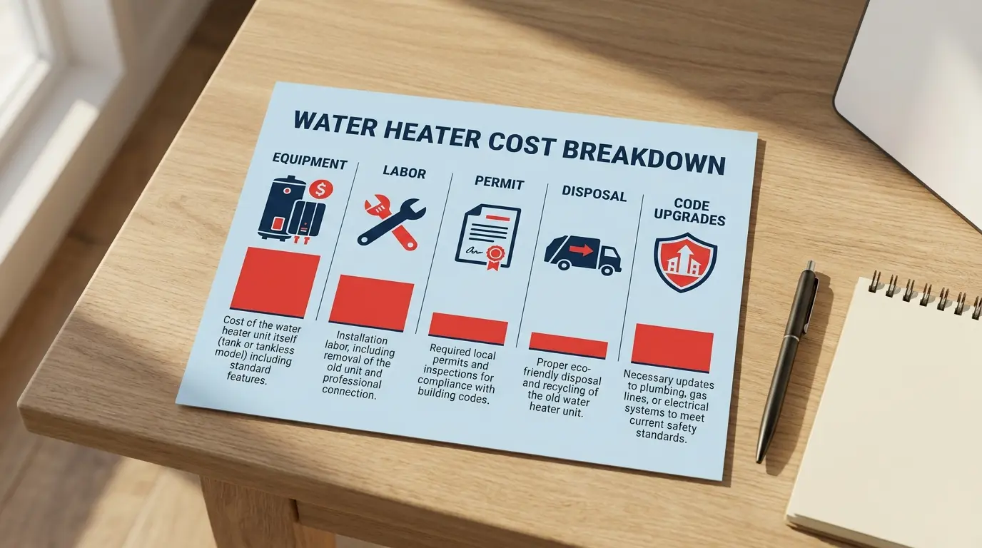 Water heater cost breakdown infographic showing equipment, labor, permit, disposal, and code upgrade components