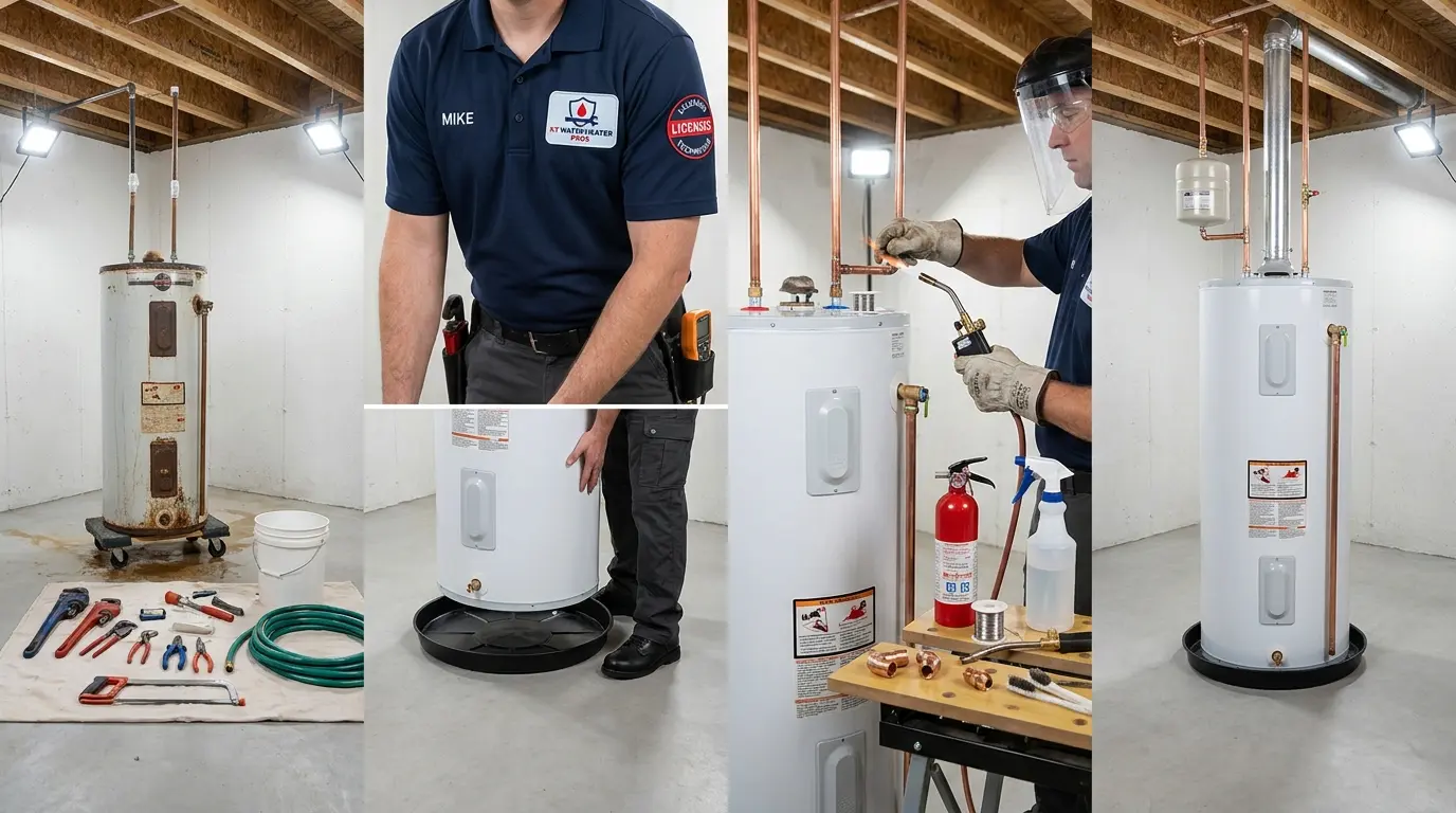 Step-by-step water heater installation process showing old unit removal, positioning, connections, and testing
