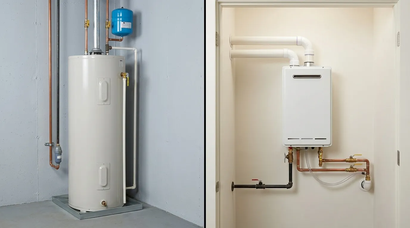 Side-by-side comparison of traditional tank and modern wall-mounted tankless water heater installations in Kentucky homes